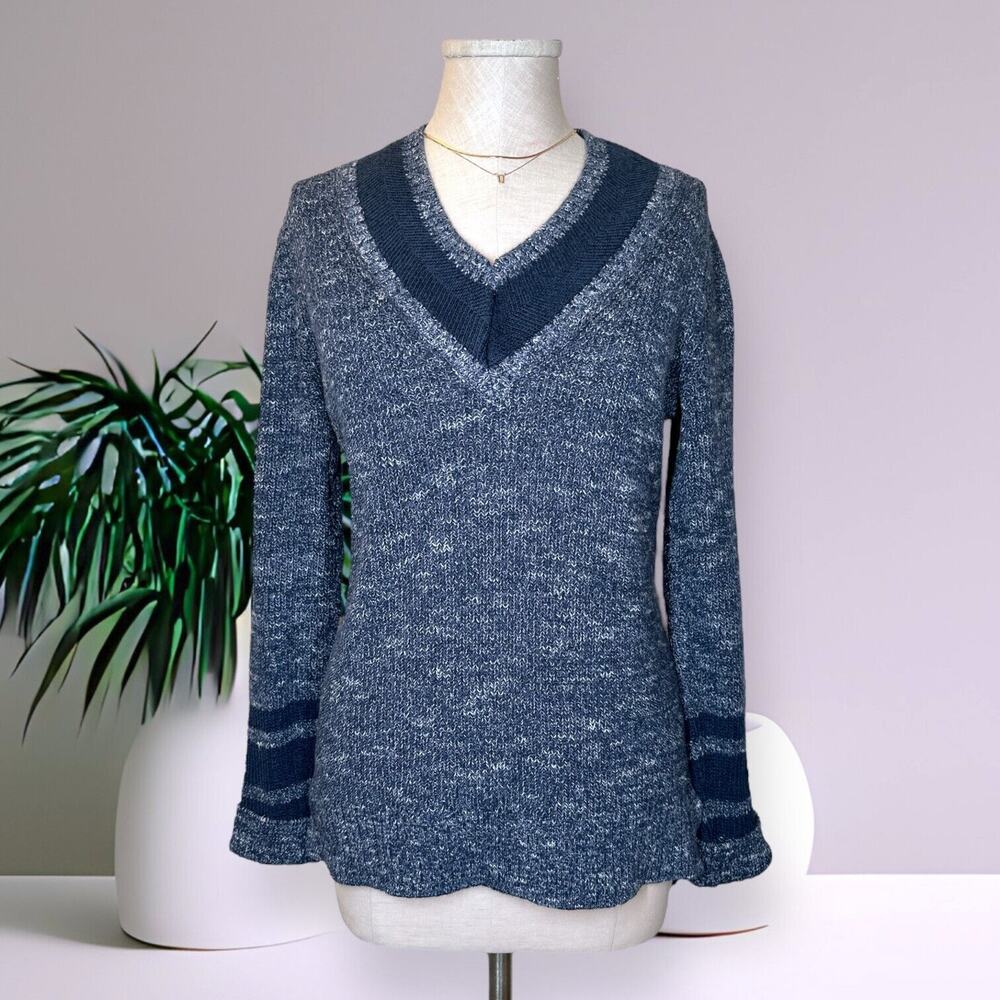 TOMMY HILFIGER Collegiate V-Neck Sweater Knit Ivy League Preppy Blue Varsity